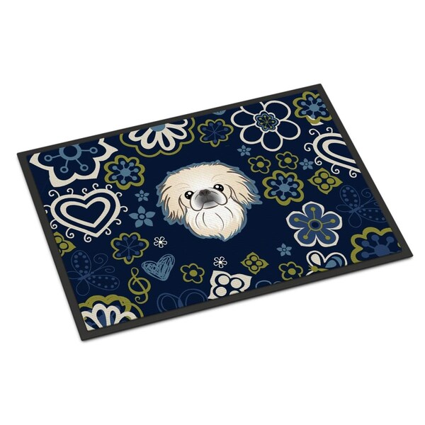Carolines Treasures 24 x 36 in. Blue Flowers Pekingese Indoor or Outdoor Mat BB5072JMAT - main